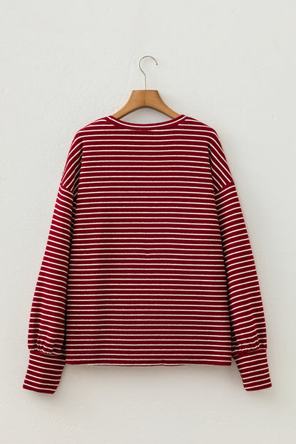 Stripe Round Neck Drop Shoulder Long Sleeve Top