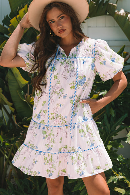 Floral Stripe Contrast Tie Split Neck Mini Dress