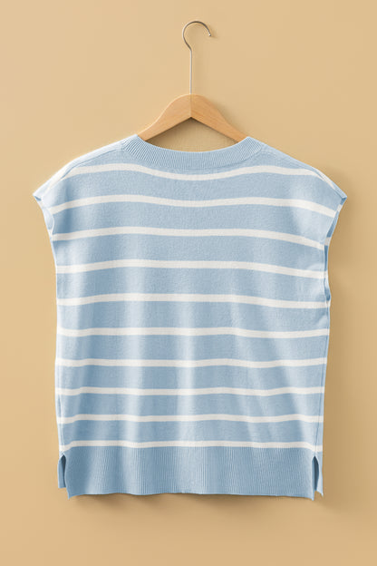 Stripe Side Slit Short Sleeve Sweater Tee