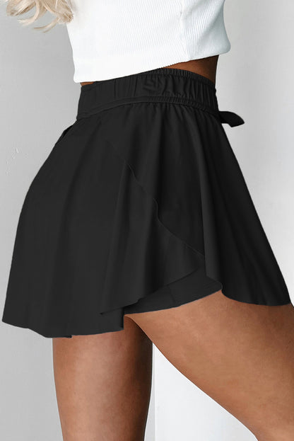 Solid Drawstring Elastic Waist Lined Tennis Skort