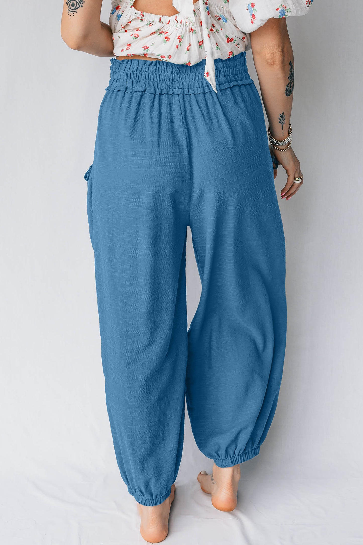 Smocked High Waist Drawstring Pocket Jogger Pants