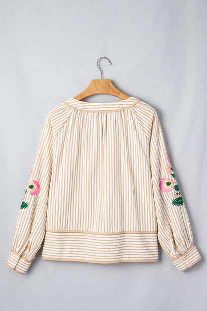 Floral Embroidered Stripe V-Neck Long Sleeve Blouse