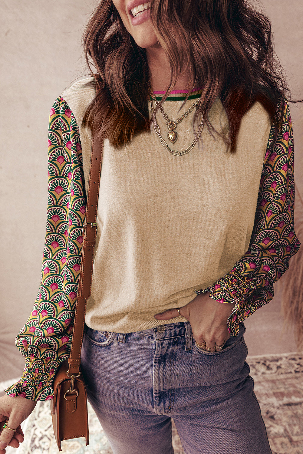 Floral Patchwork Puff Sleeve Sweater
