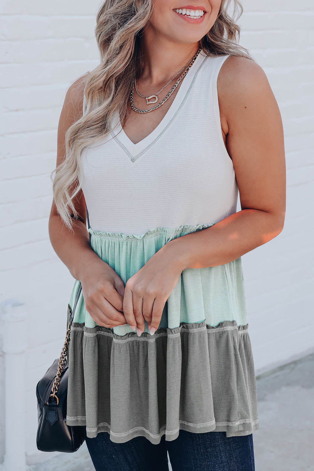 Colorblock Waffle Ruffle Tank Top