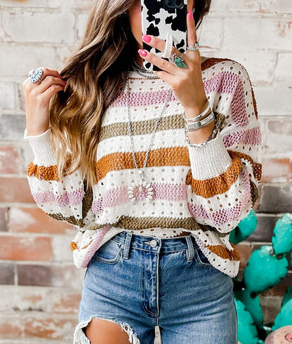 Stripe Hollowed Knit Crewneck Sweater