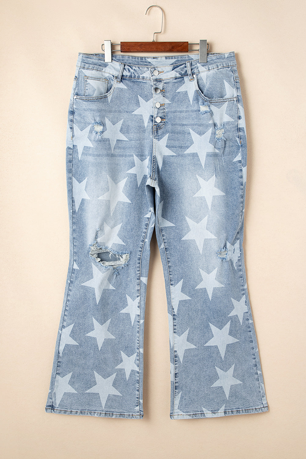 Plus Size Star Buttoned Slit Knee Distressed Jeans