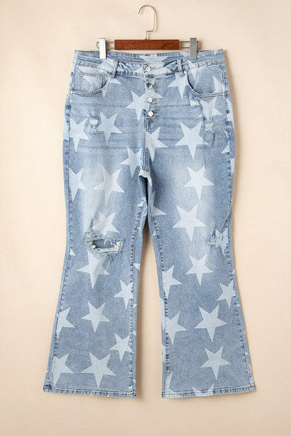 Plus Size Star Buttoned Slit Knee Distressed Jeans