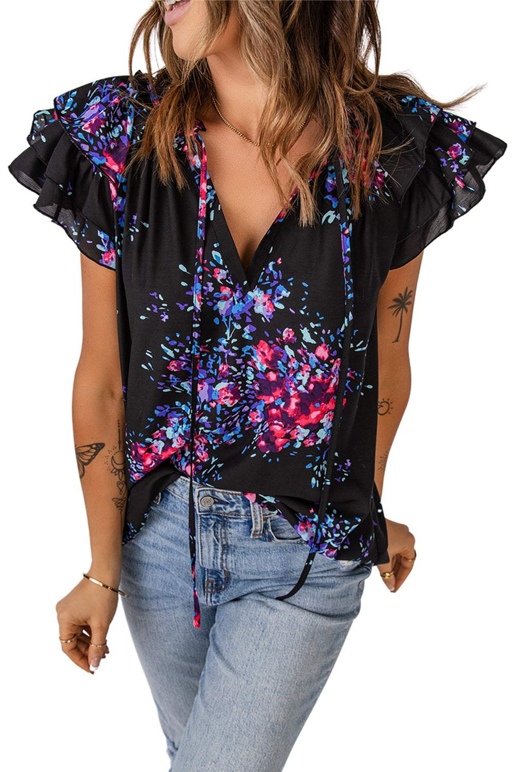 Abstract Flutter Sleeve V-Neck Blouse