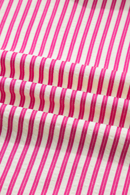 Stripe Smocked Yoke Short Sleeve Ruffle Blouse