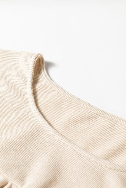 Solid Ribbed Knit Pleated Long Sleeve Top