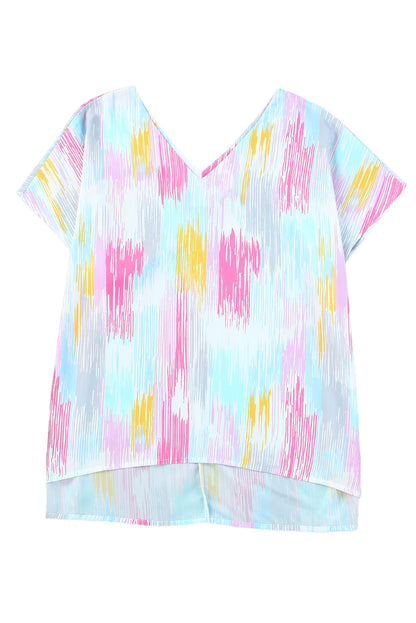 Abstract Short Sleeve V-Neck Blouse