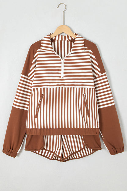 Stripe Patchwork Quarter Zip Sweatshirt & Shorts Set