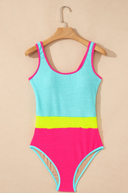 Colorblock Textured Patchwork One-Piece Swimsuit