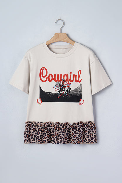Western Cowgirl Leopard Patchwork Ruffle Hem T-Shirt