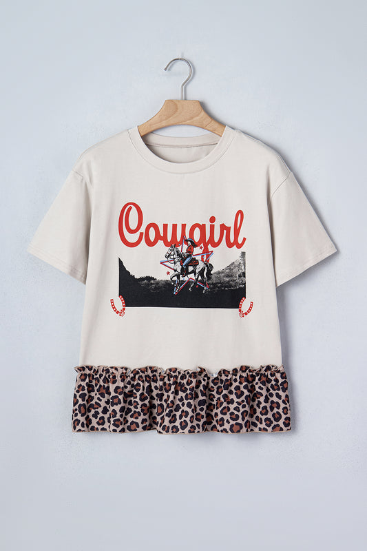Western Cowgirl Leopard Patchwork Ruffle Hem T-Shirt