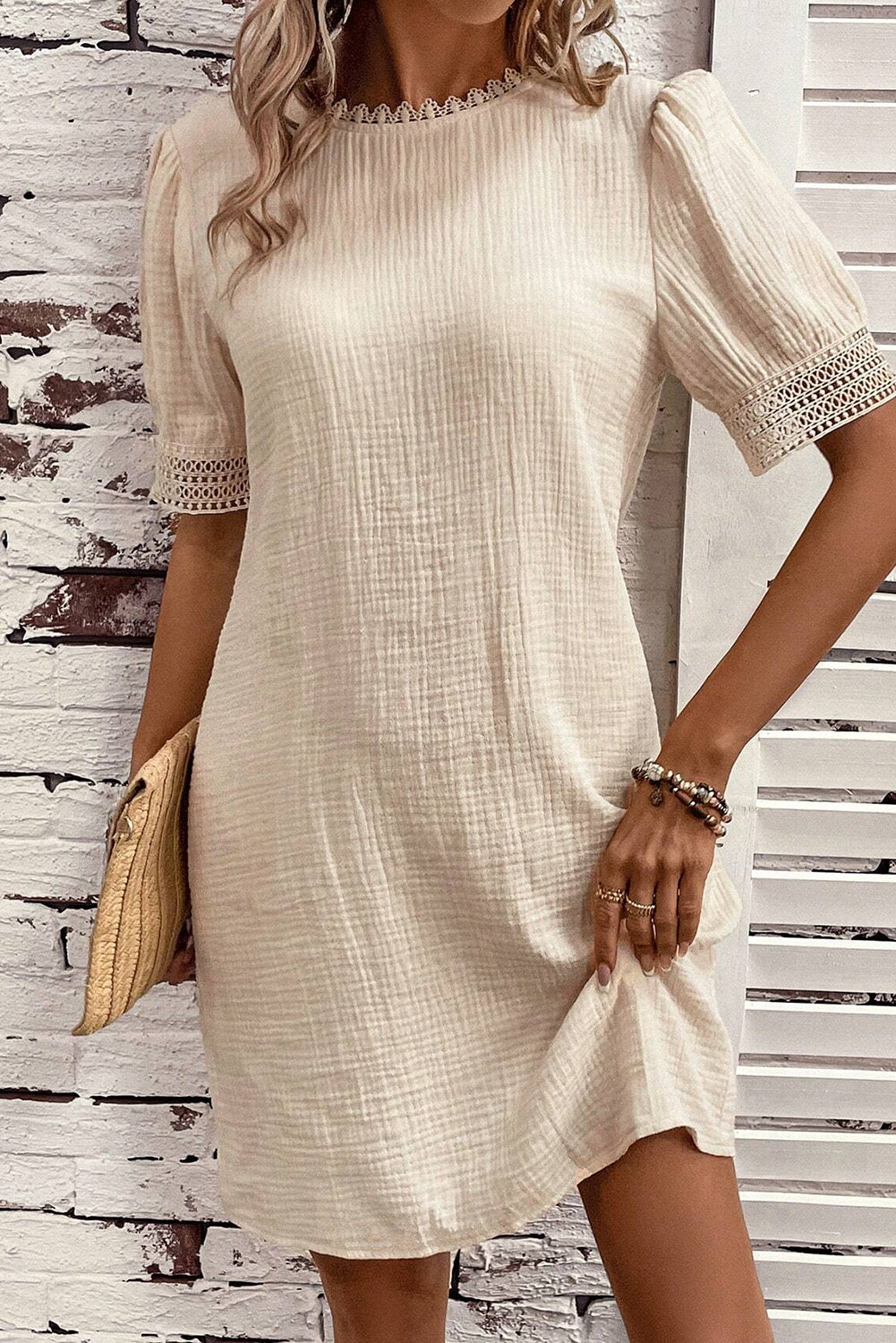 Crinkle Puff Sleeve Shift Dress