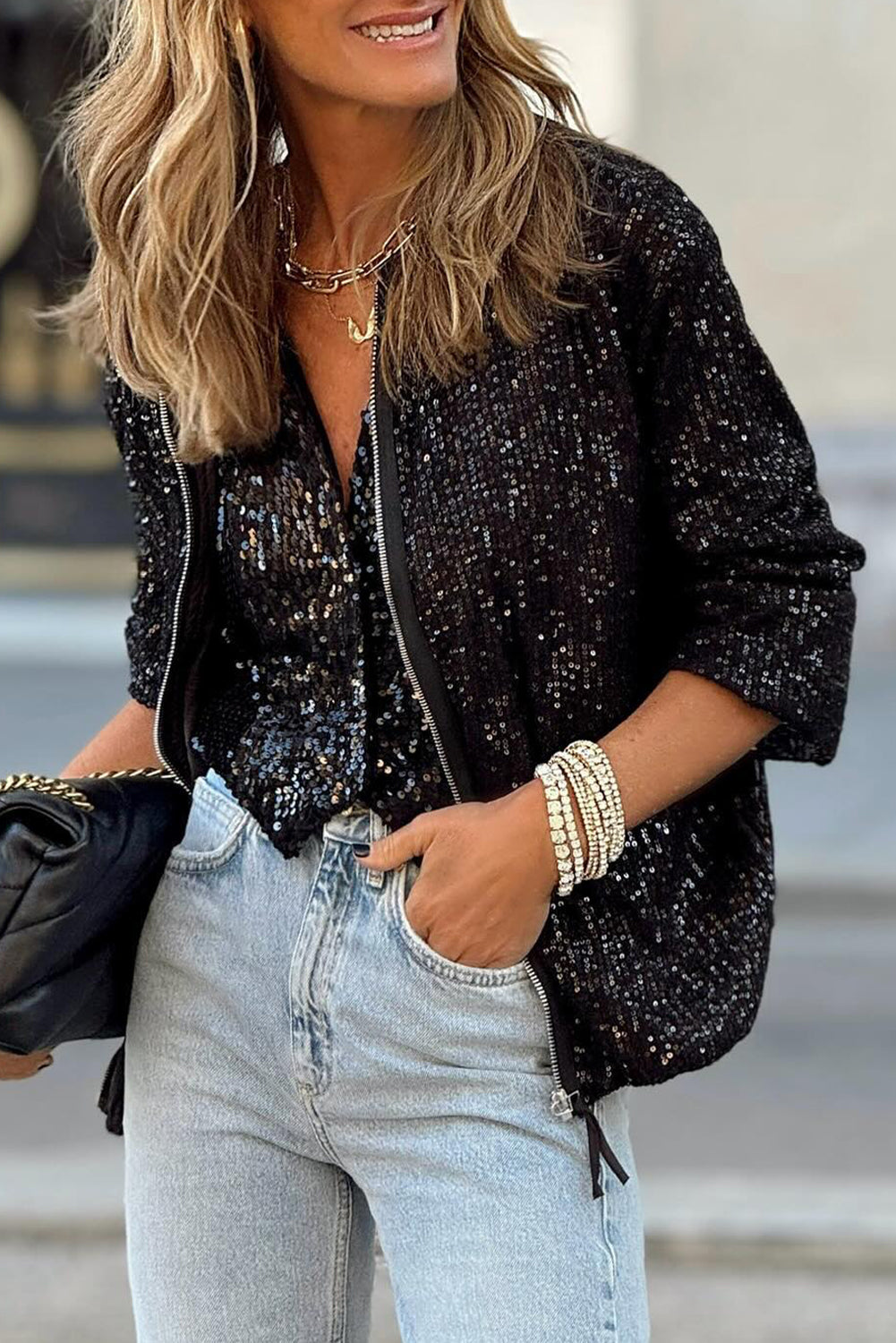 Sequin Round Neck Zipped Jacket