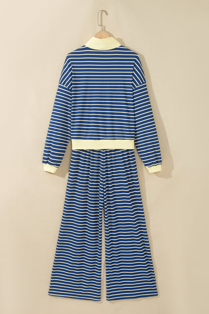 Stripe Colorblock Zip V-Neck Pullover and Pants Set