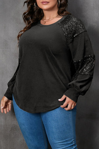 Plus Size Sequin Patchwork Long Sleeve Top