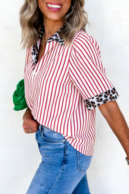 Stripe Leopard Contrast Trim Collared Blouse