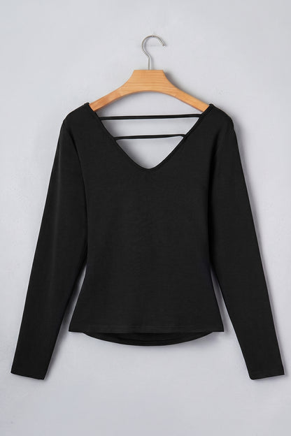 Solid Cowl Neck Ribbed Knit Long Sleeve Top