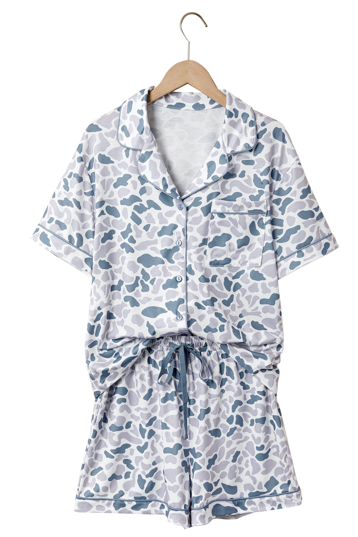 Camo Lapel Shirt & Drawstring Shorts Pajama Set