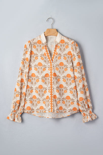Floral Contrast Detail V-Neck Long Sleeve Blouse