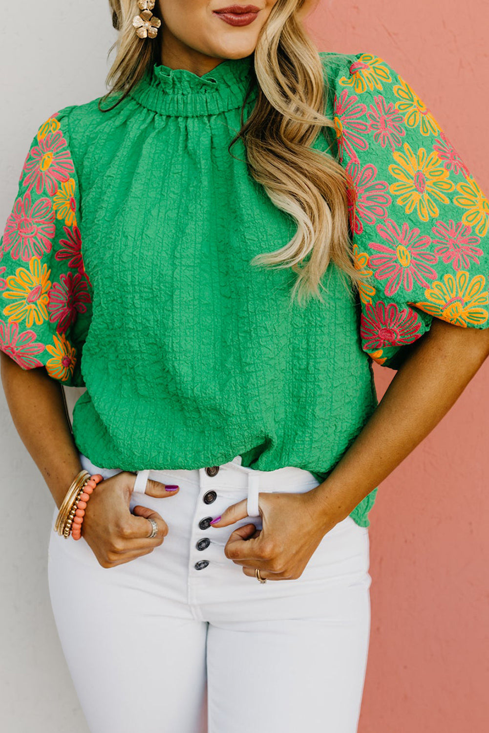 Floral  Ruffle Collar Puff SleeveTop