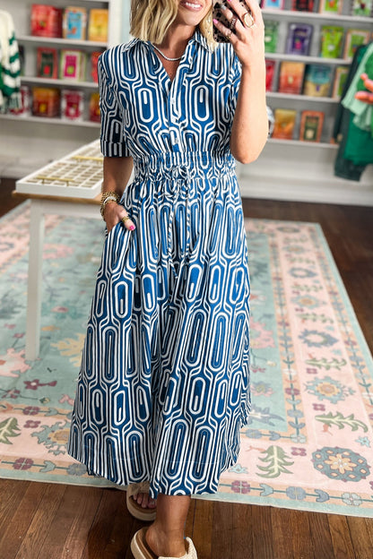 Geometric Drawstring Waist Short Sleeve Midi Dress
