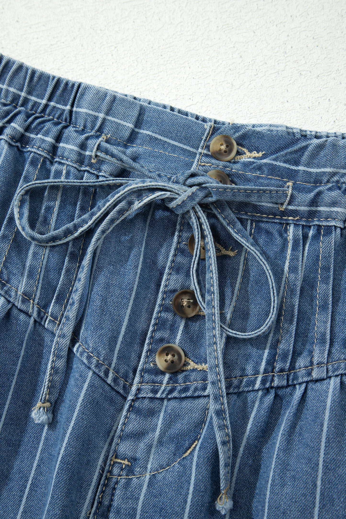 Stripe Denim Button Pleated High Waist Midi Skirt