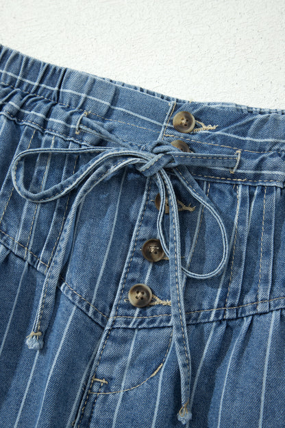 Stripe Denim Button Pleated High Waist Midi Skirt