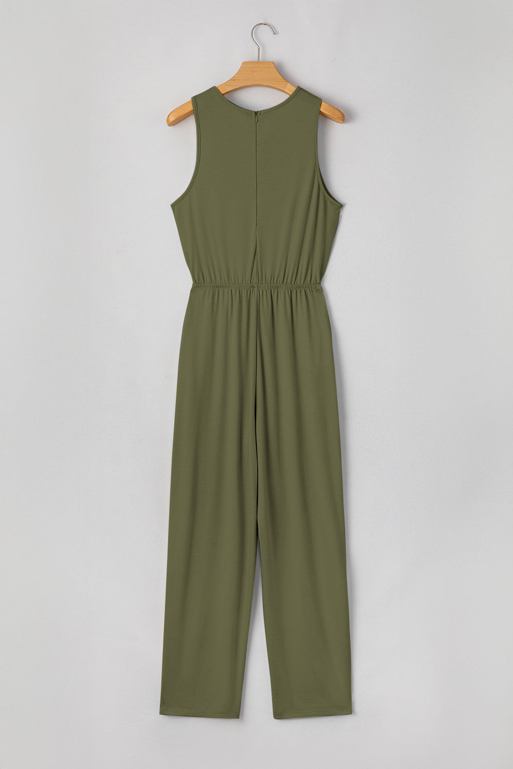 Solid Pleated Detail Sleeveless Elastic Waist Jumpsuit
