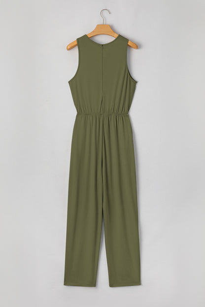 Solid Pleated Detail Sleeveless Elastic Waist Jumpsuit