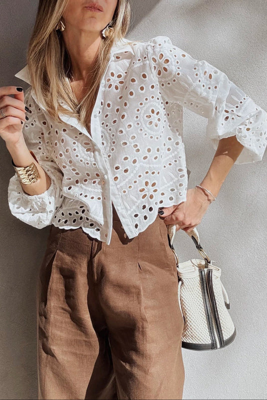 Eyelet Embroidered Puff Sleeve Cropped Shirt