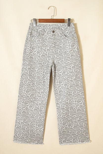 Leopard Frayed Edge High Waist Wide Leg Jeans
