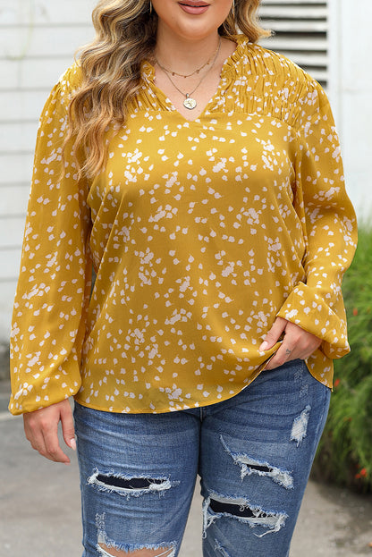 Plus Size Floral Ruched Split Neck Blouse