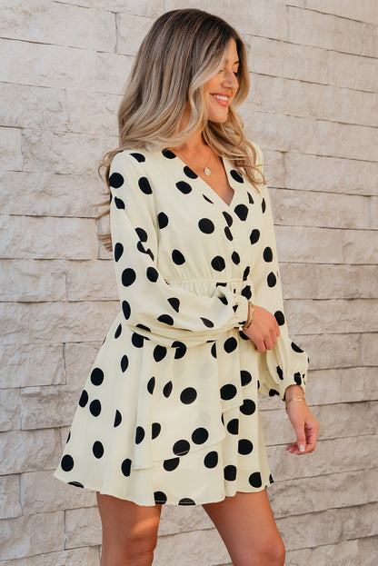 Polka Dot Surplice V-Neck Puff Sleeve Mini Dress