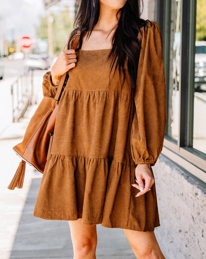 Corduroy Puff Sleeve Tiered Dress