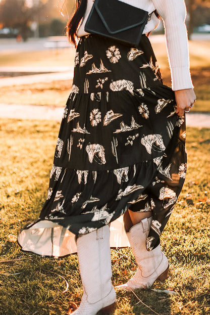 Western Ruffle Tiered Maxi Skirt