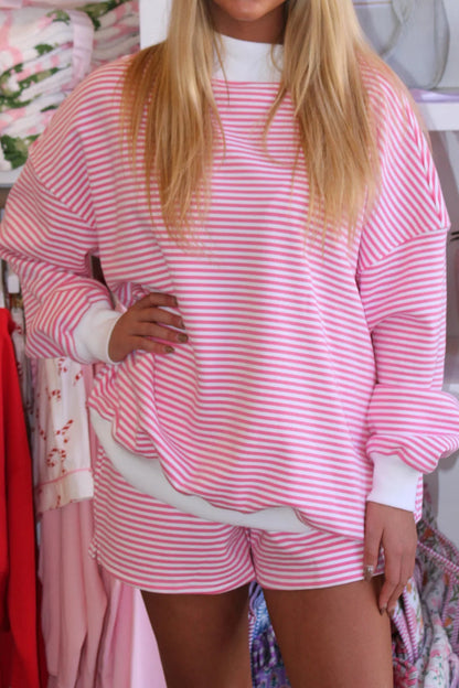 Stripe Oversize Mock Neck Sweatshirt & Shorts Set