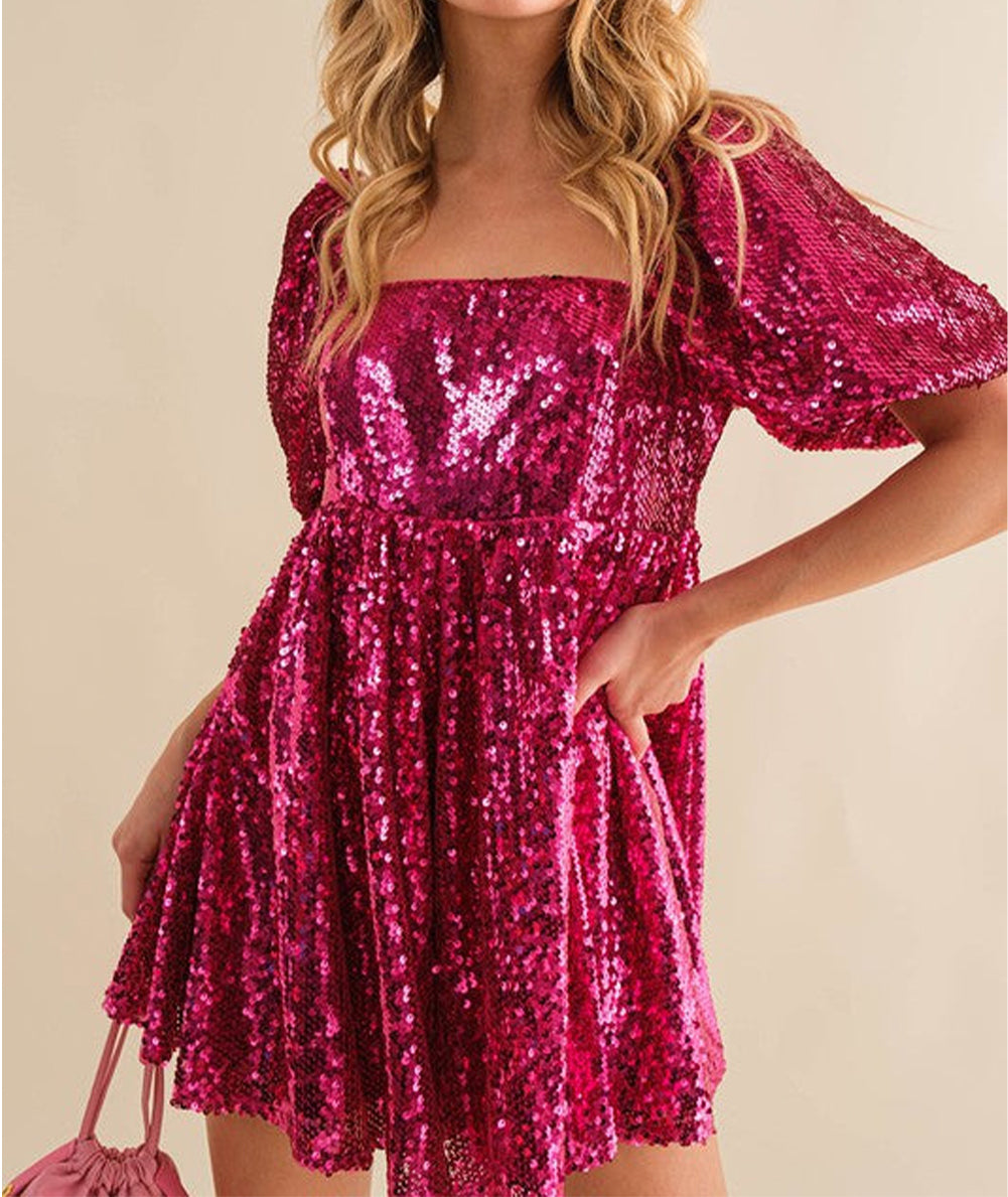 Sequin Puff Sleeve Babydoll Romper