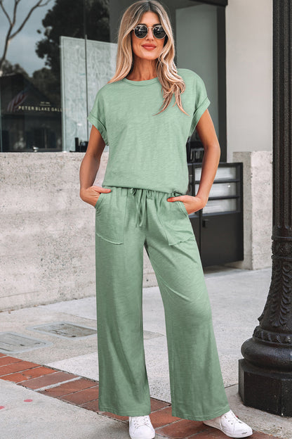 Solid Short Sleeve Tee and Drawstring Pants Set