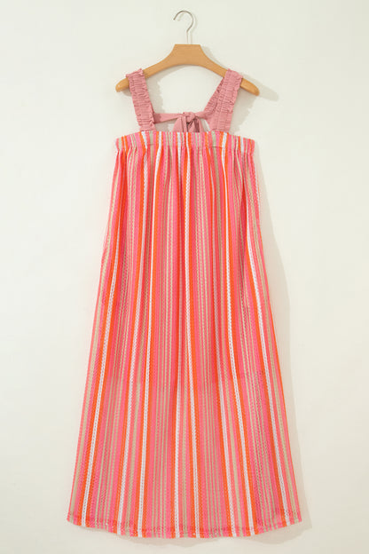 Stripe Textured Knit Ruffle Tie Back Maxi Dress