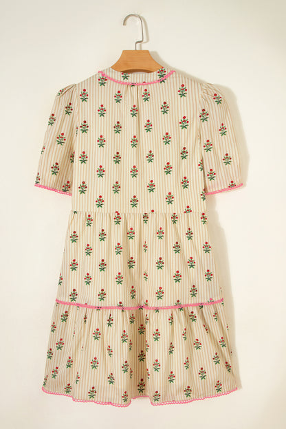 Floral Stripe Contrast Ruffle Hem Mini Dress