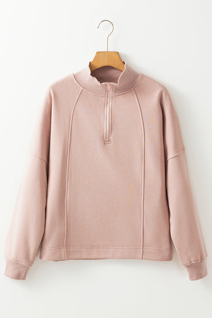 Solid Zipped Neck Drop Shoulder Sweatshirt