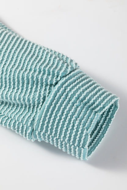 Corded Knit Roll-Up Sleeve Collared Henley Top