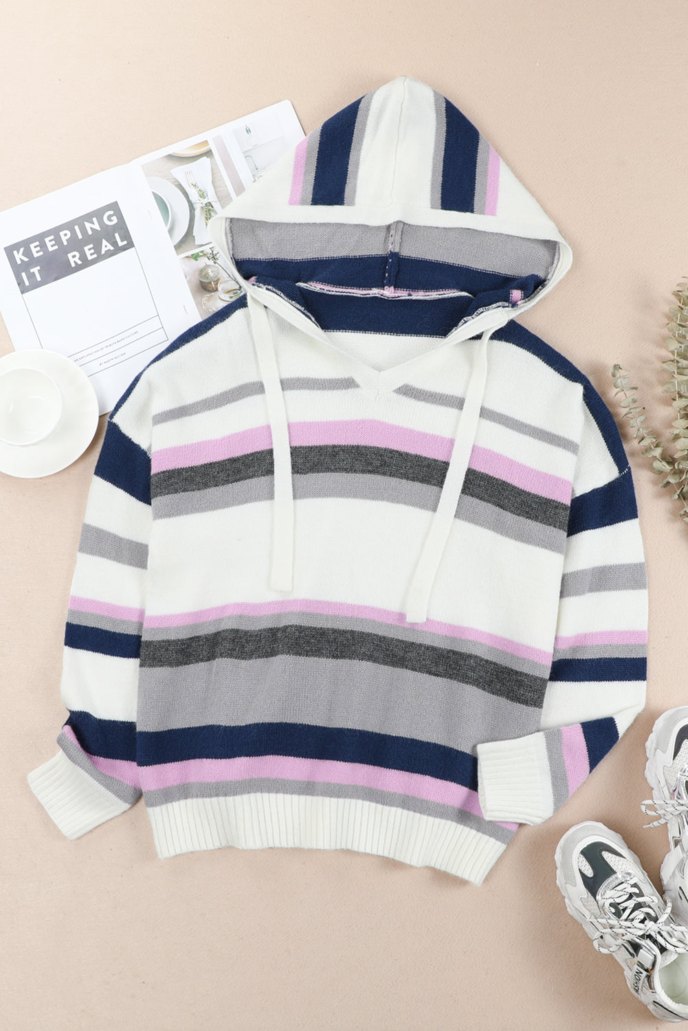 Plus Size Stripe Hooded V-Neck Sweater