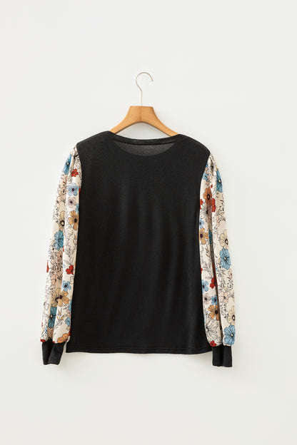 Leopard & Floral Patchwork Puff Sleeve Top