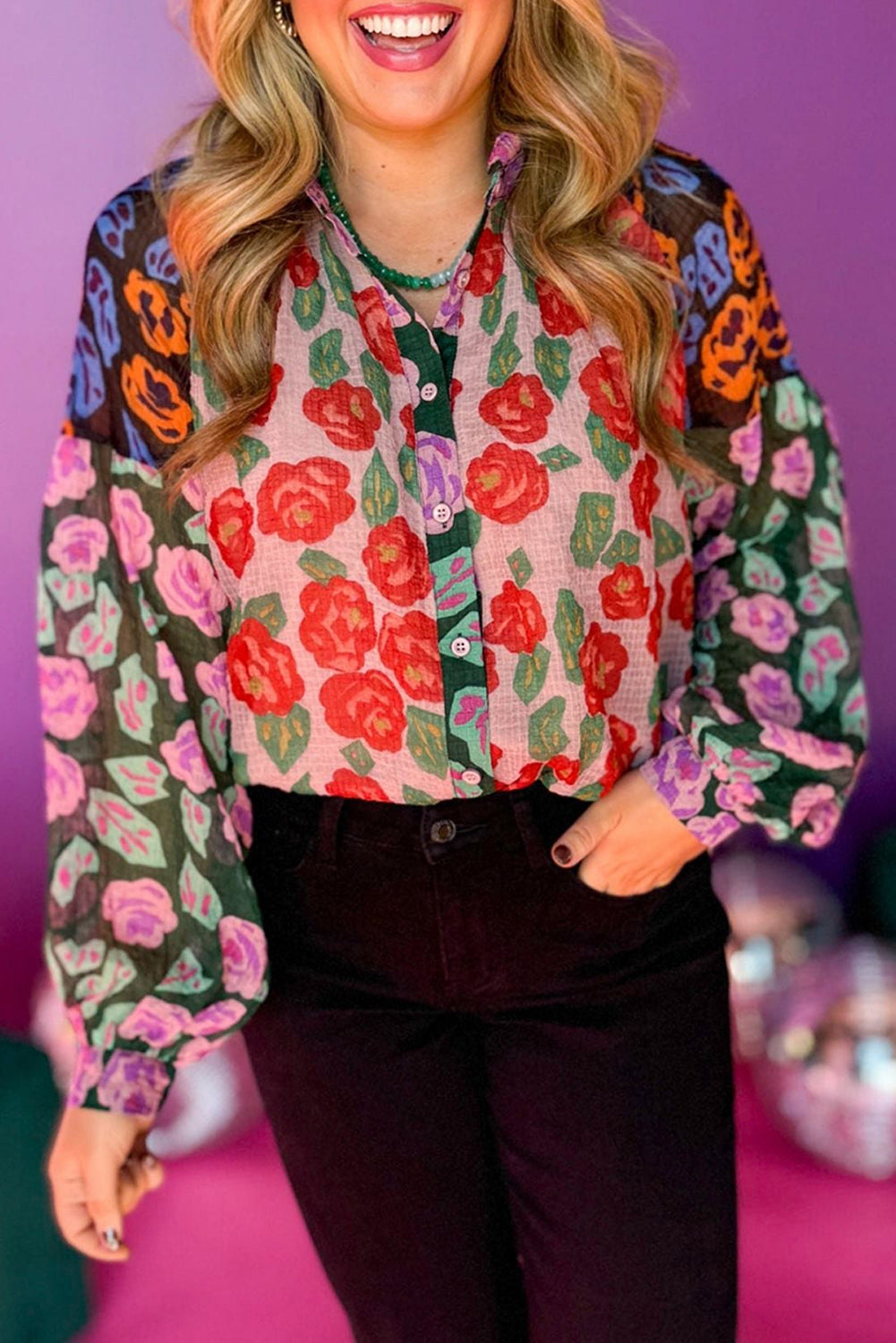 Floral Colorblock Puff Sleeve Shirt