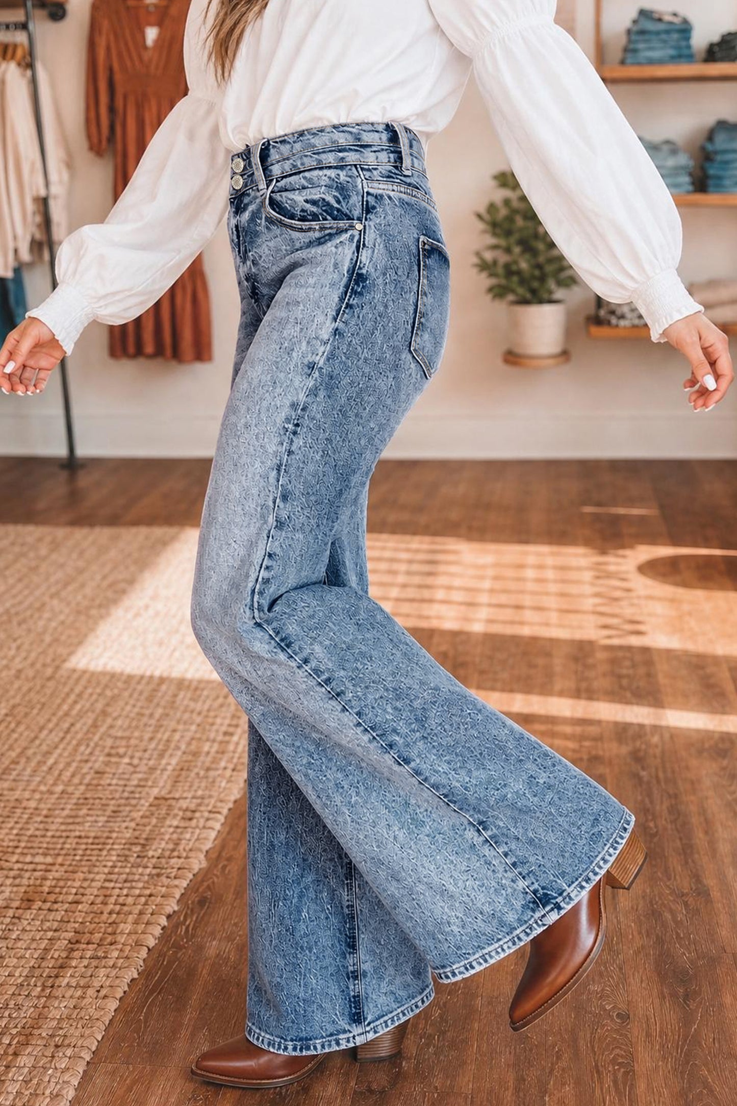 Denim Acid Wash Pockets Flare Jeans